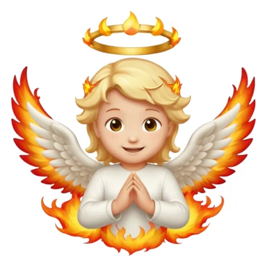 baby fire angel, smiling, halo, small white wings, flames, emoji style sticker