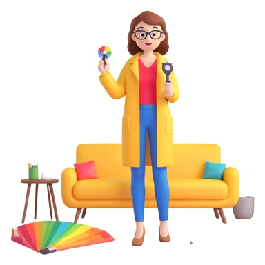 interior designer holding color swatches and a tape measure, standing in a stylish living room sticker