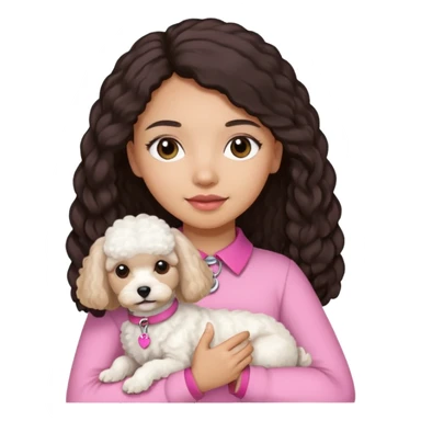 Mixed girl with long hair holding on the hands white maltipoo wear on pink collar sticker