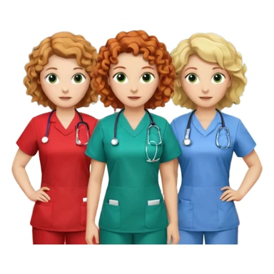 3 nurses: nurse 1 is wearing green work clothes, curly hair, middle european. nurse 2 is wearing blue work clothes, blond hair, scandinavic, nurse 3 is wearing white work clothes, red hair. they all stand in a classroom, "Academy" written in white on board sticker