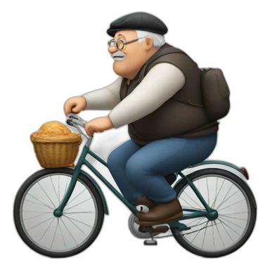 fat grandpa with a grandfather's beret on his head. riding an old bicycle. with a tired face. sticker