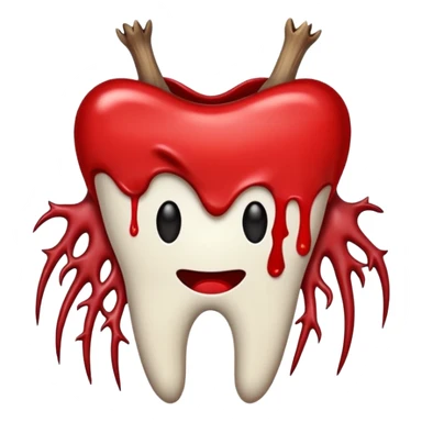 Minimalist emoji-style sticker of a pulled tooth with roots and a smear of blood at the base. Black and desaturated red colors. Flat, clean outline on white.
 sticker