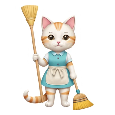 A cute cartoon cat wearing a tiny apron, holding a small broom, sweeping the kitchen floor with a playful expression. The background shows simple kitchen elements like a cabinet and a fridge. Bright and cheerful colors. sticker