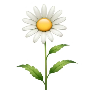 Cinematic Realistic Daisy Emoji, Cheerful and pure, with bright white petals surrounding a sunny yellow center, standing proudly atop a slender green stem. The soft, vibrant petals seem to radiate positivity, while a few green leaves frame the delicate flower. Soft glowing outline, capturing the essence of simplicity, innocence, and happiness in a single daisy. sticker