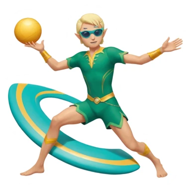 elf male legolas launching a frisbee woven from pure sunlight, wearing sporty teal swim shorts and performance sunglasses, athletic pose, pointy ears, dynamic motion lines, beach sky backdrop, centered emoji sticker