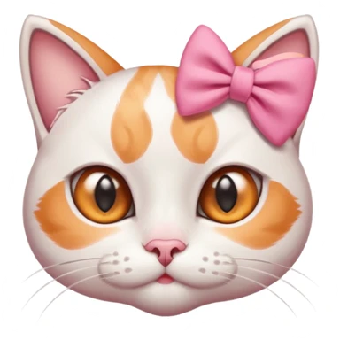 cute white and orange cat with big eyes and a pink bow on its ear, simplified and expressive sticker