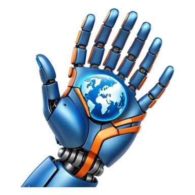 Earth held by a futuristic robotic hand, glowing with blue and orange digital lines, with a high-tech and futuristic atmosphere sticker
