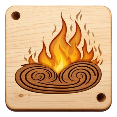 Pyrography icon, piece of wood with half-burned intricate patterns, pyrography tool emitting heat, visible burn marks and ongoing design process, smoke rising from the wood, wood texture, minimalistic style, clean lines, transparent background. sticker