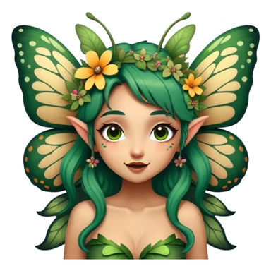 Cinematic Realistic Forest Fairy Portrait, head tilted dramatically with an exaggeratedly amused expression, featuring a striking, nature-infused form with glowing, sun-kissed tanned skin and vividly detailed dark green hair adorned with floral accents. Her expressive eyes brim with playful forest mischief, rendered with vibrant, lifelike textures and dynamic dappled lighting that conveys a spirited, over‐the‐top woodland whimsy showing her large butterfly wings from her back. sticker