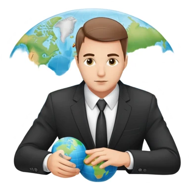 Polish man in a business suit analyzing global strategy with a world map sticker
