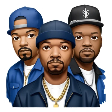 Icon for Rap Music: collage of rap legends—Snoop Dogg, Ice Cube, Dr. Dre, and 50 Cent. Iconic elements include microphones, headphones, and urban street elements like graffiti. Bold, energetic vibe with a hip-hop style. Transparent background. sticker