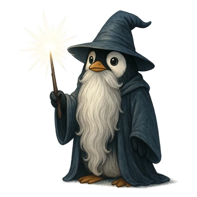 penguin wizard with a long beard, holding a glowing wand sticker