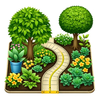 Icon for Landscape Design: a garden layout with plants, trees, paths, and design tools like a ruler, pencil and measuring tape. The icon should represent creativity in outdoor space planning and gardening. Transparent background. sticker
