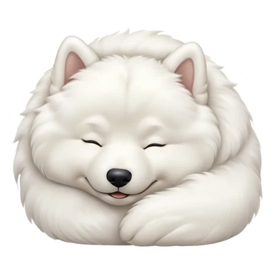 Meme-Worthy Cute Sleeping Samoyed Portrait Emoji, Head resting peacefully with a contented smile, showcasing a delightfully fluffy build and a luxuriously soft pure white Fur, eyes shut in a serene nap, Simplified yet hilariously adorable features, highly detailed, glowing with a soft, drowsy light, high shine, relaxed and utterly lovable, stylized with an air of playful laziness, bright and heartwarming, soft glowing outline, capturing the essence of a comically sleepy companion, so meme-worthy it feels like it could instantly become the next viral sensation of adorable slumber! sticker