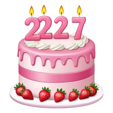 Pink birthday cake with the number 27 as candles on it and strawberries  sticker