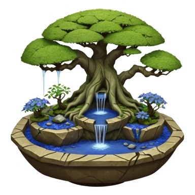 Alien saucer jungle-vines fountain mountain-island landscape antique mudman very old broken cracked intricate Stone Age lapis-crusted irregular dodecagon-shaped shallow dark moss rough bark blue serissa flowered maple tree bonsai pot sticker