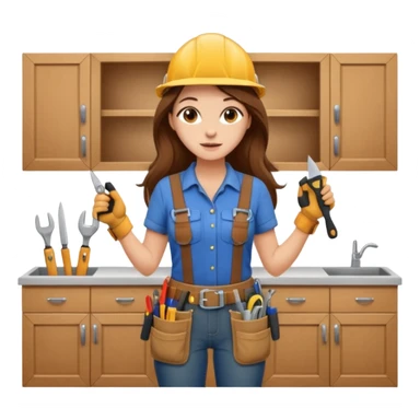 beautiful girl with long brown hair constructing new kitchen cabinets sticker