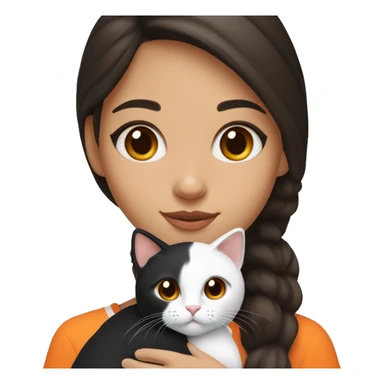 Brunette girl with brown eyes, holding a tricolor  black white and orange cat. Cat hairs are black in one side of its face and orange in the other side. sticker