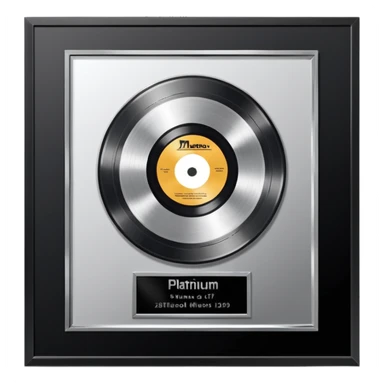 A platinum music award plaque: a square, polished platinum plate with a subtly textured, mirror-like finish, mounted on a simple dark metal base. The center features a relief of a or stylized vinyl record in a slightly darker metallic tone.  sticker