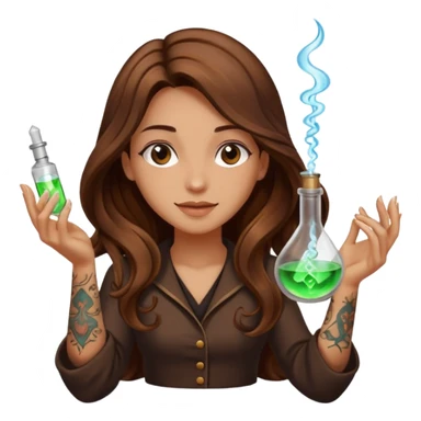 alchemist woman long wavy brown hair tattoos flipping glowing vial sticker