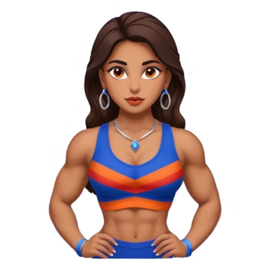 sexy and muscled, full body, brown skin Armenian caucasian girl, sexy Armenian girl, beautiful eyes, makeup, earrings, muscled, surrounded by mountains, red, blue and orange stripes, mountains around sticker