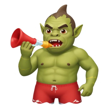 orc male in shark floatie, blowing whistle. Red swim trunks sticker