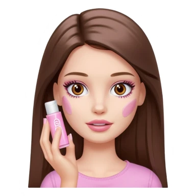 Barbie girl a brown long Straight hair and brown eyes is In pale pink smears by hand cosmetic cream on her face sticker