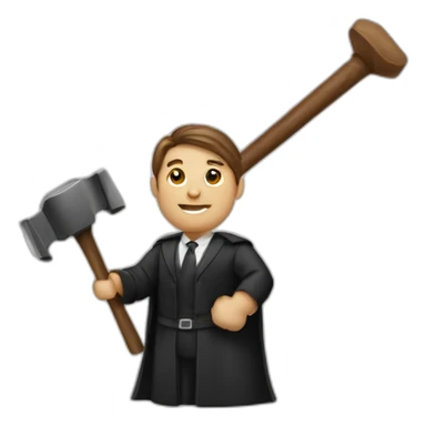 male judge holding a small woodden hammer sticker