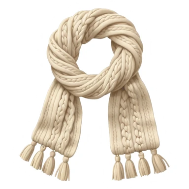ivory cable-knit scarf emoji, isolated object, no person, folded not twisted, visible braided knit pattern like a knitted sweater, thick soft wool texture, light beige shadows, warm soft shading sticker