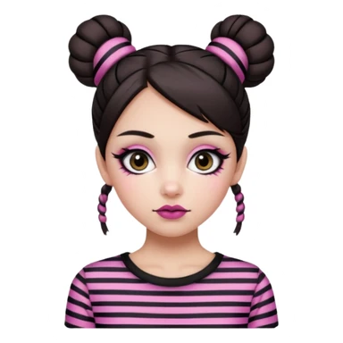 generate a pretty fair bratz girl with dark brown eyes. Dark brown hair straight hair with pink highlights tied into buns.  eyeliner. black lipstick. Wearing a white and black striped top sticker