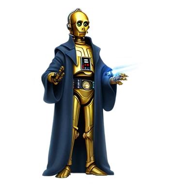 tarnished undercover tough well-equipped Jedi  life-sized darkblue-pearl C3po as a friendly droid wearing a leather clothing old west duster coat holding light saber  sticker