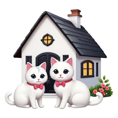 two happy cats in love, white and black cats, with a house behind them that has a bow on the roof, emoji style sticker
