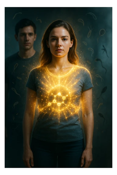 A hyper-realistic, cinematic image showing a young woman with a glowing, radiant aura symbolizing a very strong immune system. She stands confidently, surrounded by a dynamic shield of light particles and molecular energy swirling around her body, especially focused around her abdomen and chest. Against this luminous barrier, faint translucent representations of parasites—small worm-like and protozoan shapes—attempt to approach her but are visibly repelled or disintegrating upon contact with the shield. Nearby, a young man representing her boyfriend is shown with subtle, shadowy parasite silhouettes near him, some reaching toward her but unable to penetrate her immune defenses. The background is softly blurred to keep the focus on the energetic battle at the forefront, with cool blues and warm golds contrasting to symbolize health, vitality, and defense. The lighting is dramatic yet hopeful, with a cinematic 35mm film style emphasizing sharp detail on her determined face and the swirling protective energy. The overall tone conveys resilience, protection, and the unseen battle inside the body. sticker
