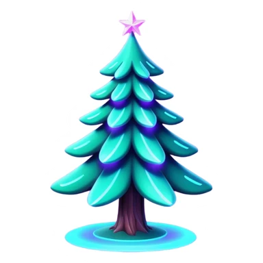 Futuristic glowing Christmas tree emoji with neon decorations, purple and cyan holographic glow, dark background, festive sparkles, no face. sticker