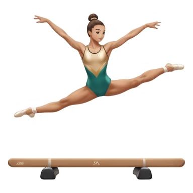 An acrobat performing a dynamic move on the balance beam, rings, or parallel bars, showcasing strength and precision. The acrobat is in mid-action, gracefully balanced, with a focused expression. The background features a professional gymnastics gym with bright lights and a cheering crowd sticker