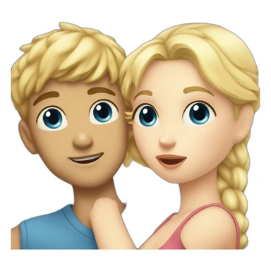 A blond boy with blue eyes who kisses a pretty blonde girl with blues eyes,  with a heart above their heads  sticker