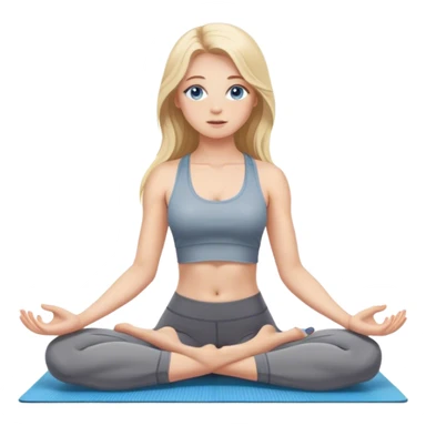 A cinematically realistic blonde with long hair and blue eyes, dressed in a gray tank top and leggings, does yoga on a mat sticker