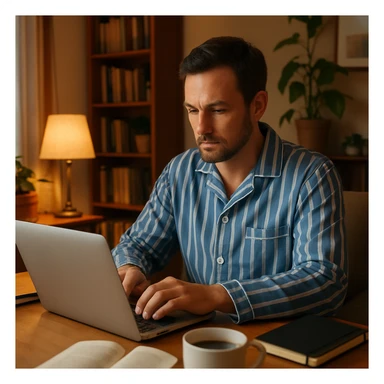 man in striped pajamas, focused on laptop, home office vibe, cozy and productive setting sticker