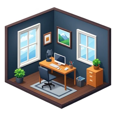 An isometric 3D room with two walls that meet at the back left and right and a Window. Dark Colors. Home Office sticker