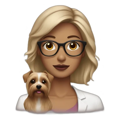 White woman, hair dark medium, pink lips, brown glasses, with dog yorkshire sticker