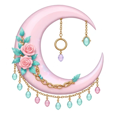Rosy shiny glossy sparkly romantic pastel crescent damask moon with rose quartz pastel vines pastel gems pastel beads with feathers and chains  sticker