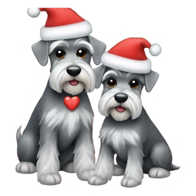 2 miniature schnauzers, 1 grey and 1 black, wearing Christmas hats with a heart above them sticker