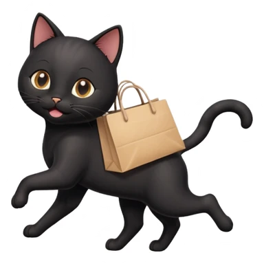 A cute black cat emoji in Apple-style, shown in side view like 🏃, running on four legs with a shopping bag in its mouth. Smooth gradients, soft shading, rounded features, and cheerful mood. sticker