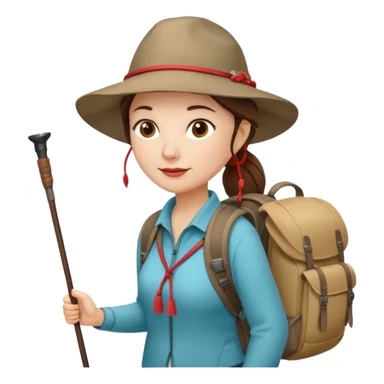 Middle aged women, long brown ponytail with wide brim hiking hat. With backpack and trekking poles. Backpack has a scallop shell with the cross of saint james hanging from it.  Remove the cross and add a scallop shell on a red string hanging from the backpack  sticker