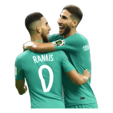 achraf hakimi doing the penguin celebration with sergio ramos wearing the morocco jersey sticker