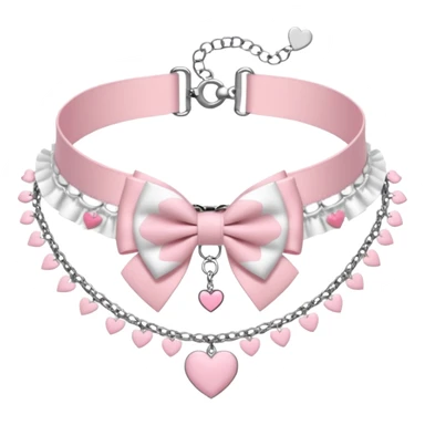 Pastel-baby-rose-pink Lolita-styled aesthetic cute kawaii choker-collar-necklace adorned with with white frills, roses, hearts, bow tie, silver chains, sakura, apparel separated  sticker