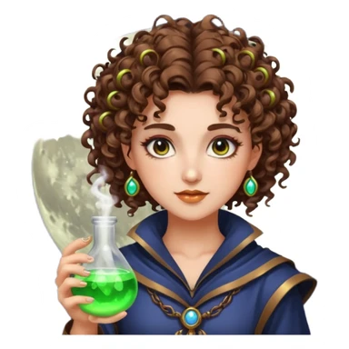 moon punk druid woman short tight curly brown hair glowing potion sticker