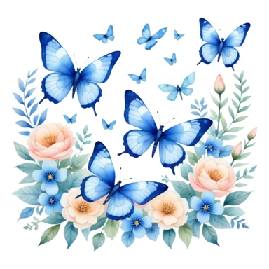 "A delicate watercolor painting of blue butterflies and dragonflies fluttering among soft floral patterns."
 sticker