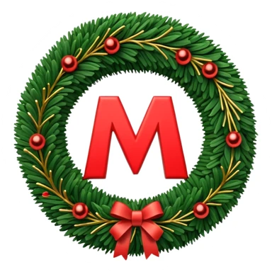 3D emoii of the iconic Moscow Metro "M" logo, reimagined as a Christmas wreath. Made of green pine needles, decorated with small red ornaments and glowing golden LED sticker