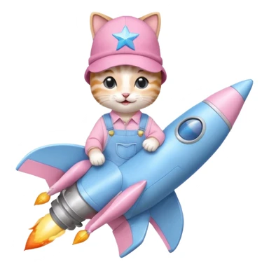 cute kitten wearing pastel blue denim overalls, pastel blue sneakers, pastel pink hat with a star in the center, sitting on a rocket, smiling sweetly, charming emoji style sticker